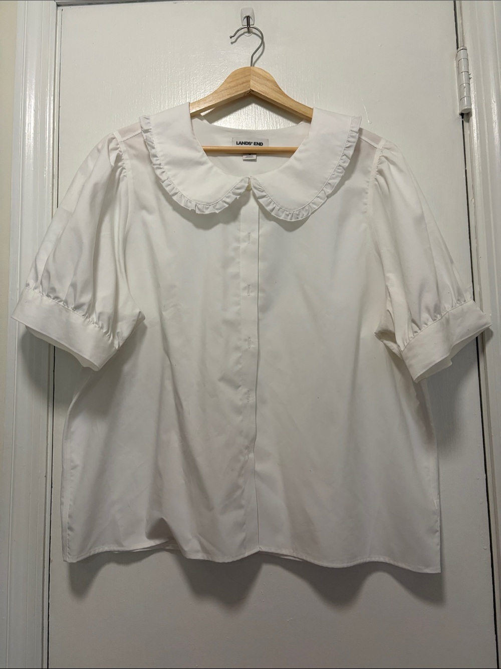 Lands' End White Ruffle Collar Button-Front Blouse